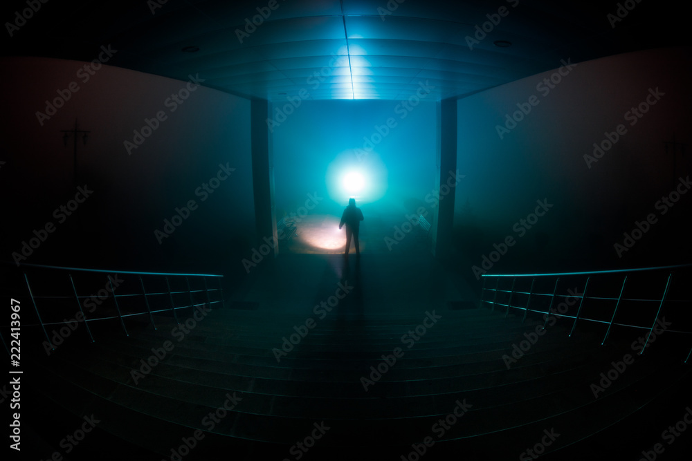 Creepy silhouette in the dark abandoned building. Dark corridor with cabinet doors and lights with silhouette of spooky horror person standing with different poses. Creepy silhouette in the dark abandoned building. Dark corridor with cabinet doors and lights with silhouette of spooky horror person standing with different poses.