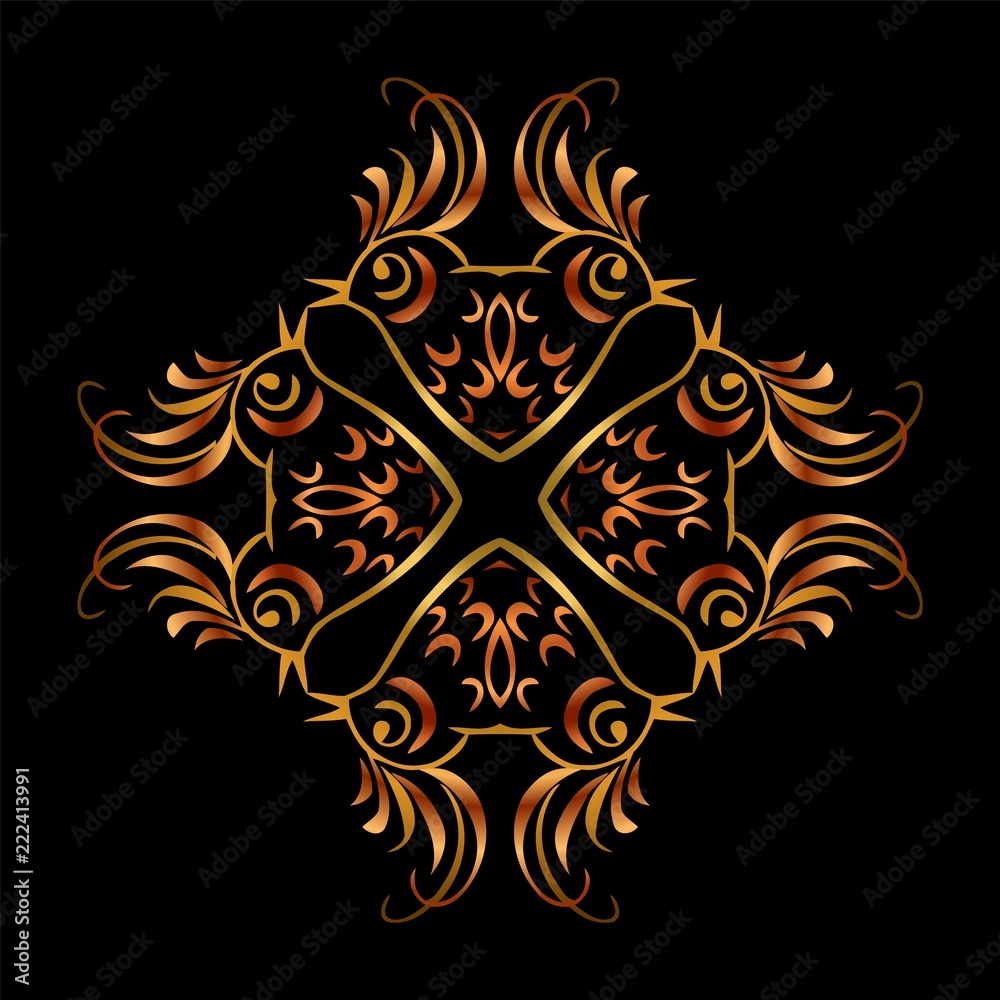 Mandala. Gold round ornament pattern on black background. Decorative orient ornament