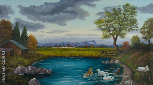 Fotografía Enten im Teich in der nähe von einer Ortschaft