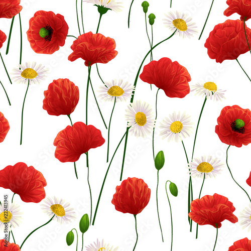 Seamless pattern made of daisy and poppy flowers.