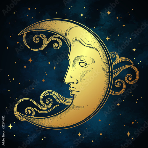 Crescent moon and stars in antique style hand drawn line art and dotwork. Boho chic tattoo, poster, altar veil, tapestry or fabric print design vector illustration.