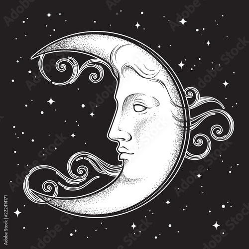 Crescent moon and stars in antique style hand drawn line art and dotwork. Boho chic tattoo, poster, altar veil, tapestry or fabric print design vector illustration.