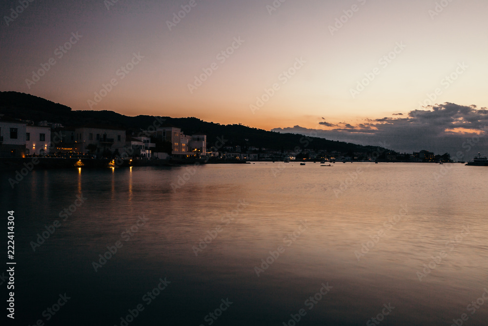 Beautiful view on the island of Spetses, Greece. Long exposure shot 