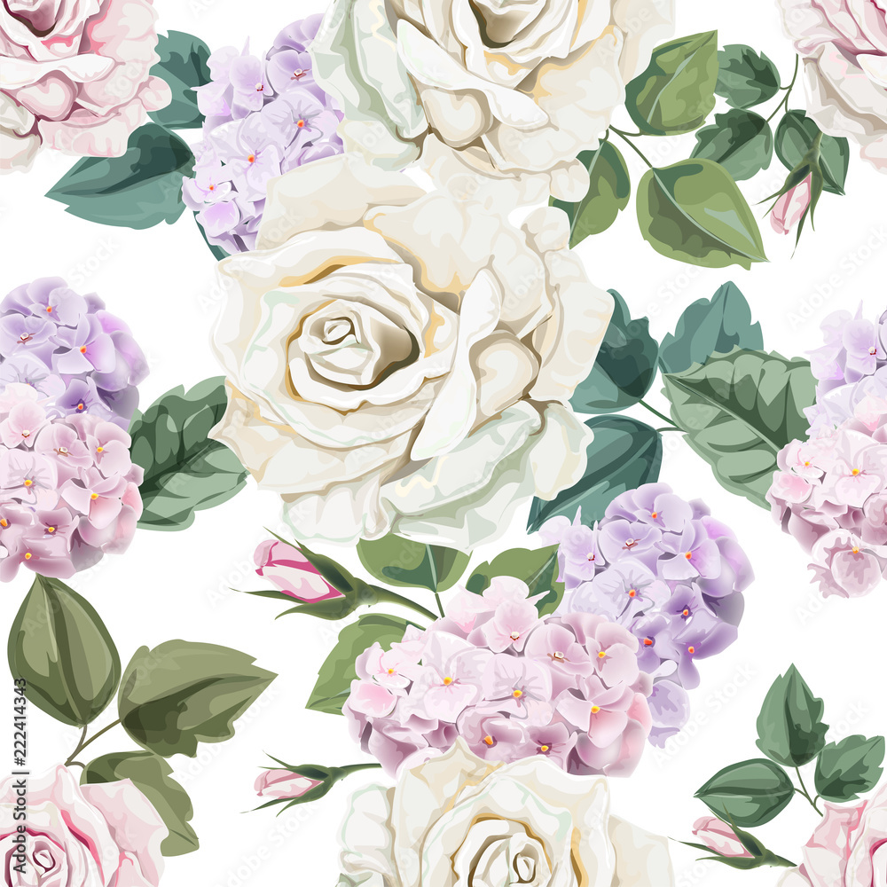 Seamless background pattern.Roses  and hydranyea with leaves.  Watercolor, hand drawn. on beige background Vector illustration