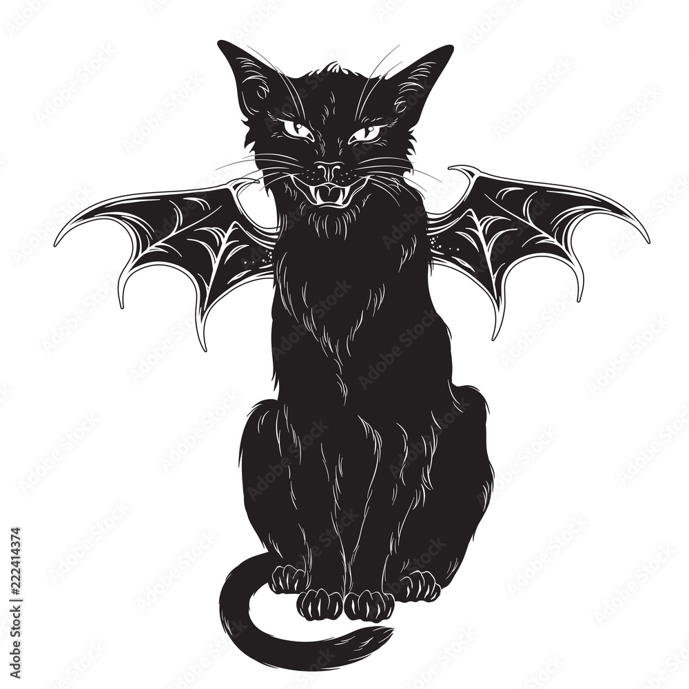 Creepy black cat with monster wings isolated over white background
