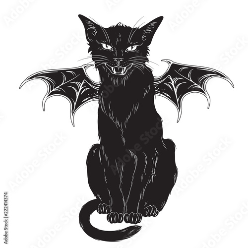 Creepy black cat with monster wings isolated over white background. Wiccan familiar spirit, halloween or pagan witchcraft theme print design vector illustration.