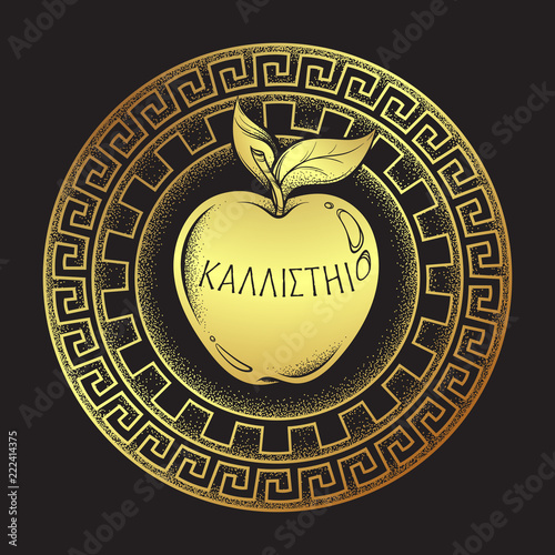 Golden apple of discord, hellenistic mythology, gift to a goddesses. Inscription on ancient greek says - For the fairest. Boho sticker, print or blackwork flash tattoo design vector illustration.