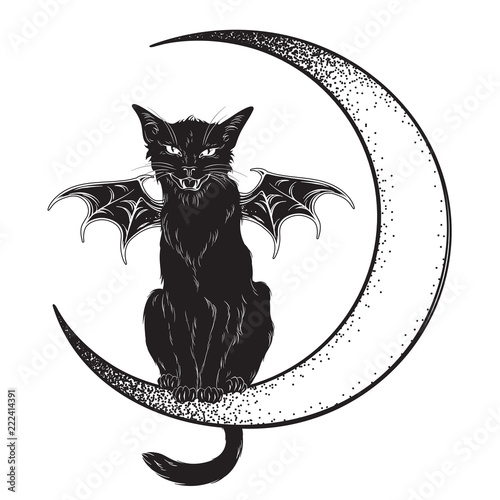 Black cat with bat wings sitting on the crescent moon isolated line art and dotwork vector illustration. Witches familiar spirit animal, gothic style card or poster design.