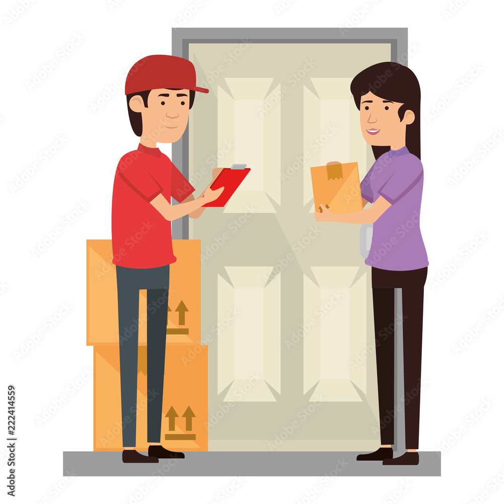 delivery worker with woman receiving in door delivery worker with woman receiving in door