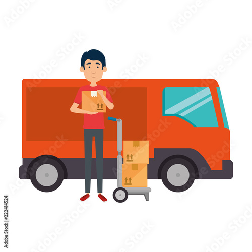 delivery worker with cart and truck