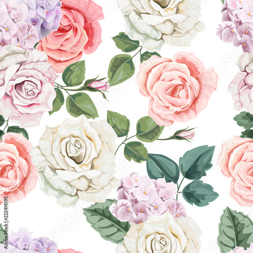 Seamless floral pattern.Rose and hydranyea with leaves