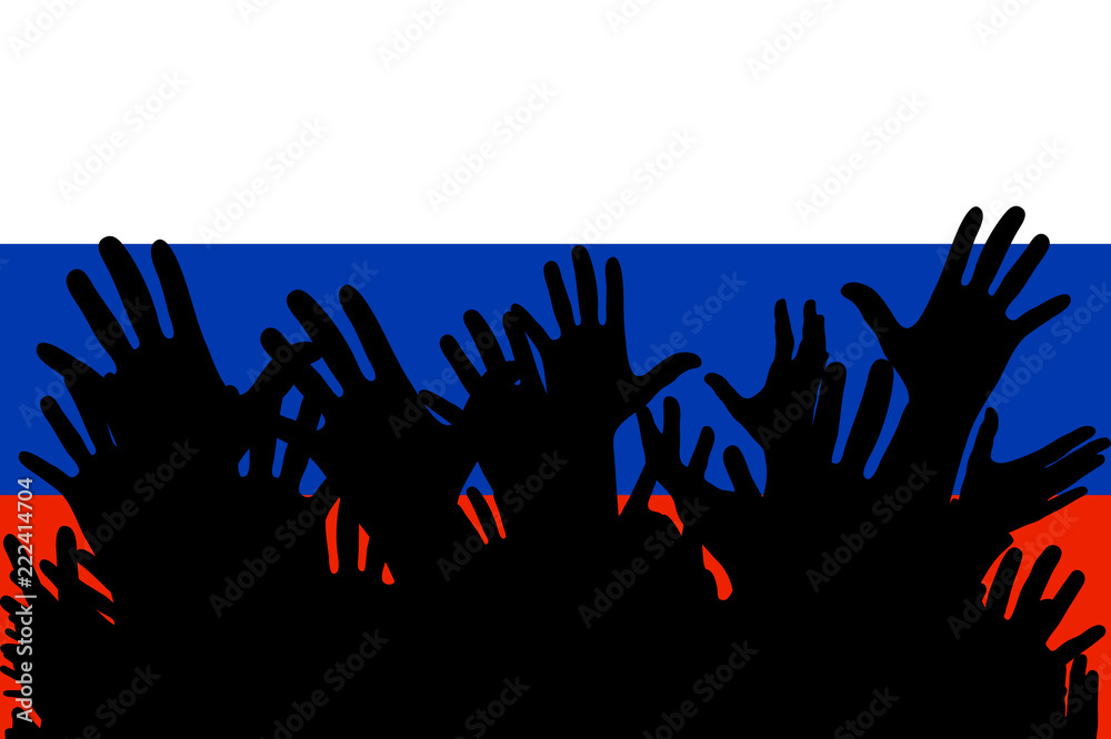 Hands up silhouettes on a Russian Federation flag. Crowd of fans of soccer, games, cheerful people at a party. Vector banner, card, poster.