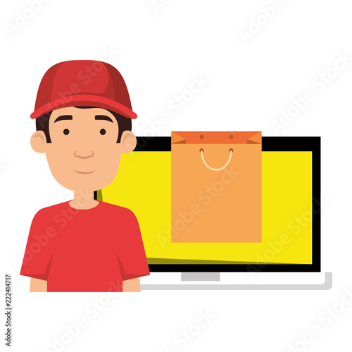 laptop with delivery worker and shopping bag