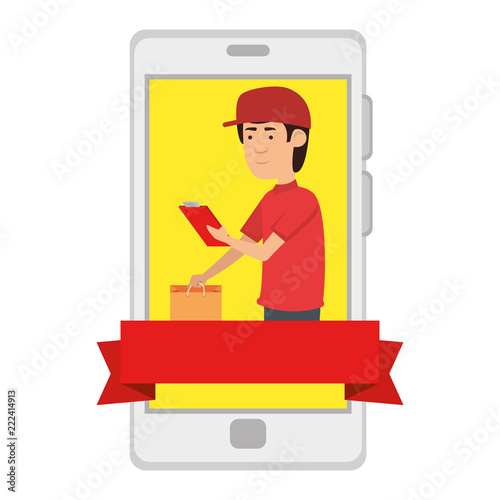 smartphone with delivery worker shopping bag