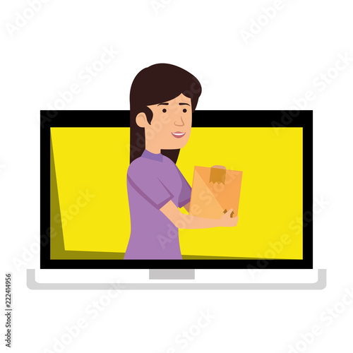 laptop with woman receiving merchandise