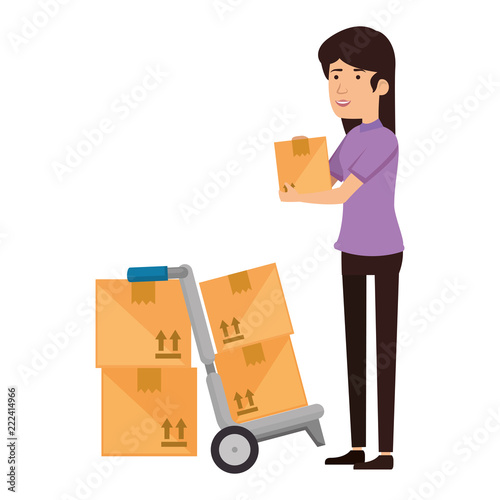 woman receiving merchandise with boxes and cart