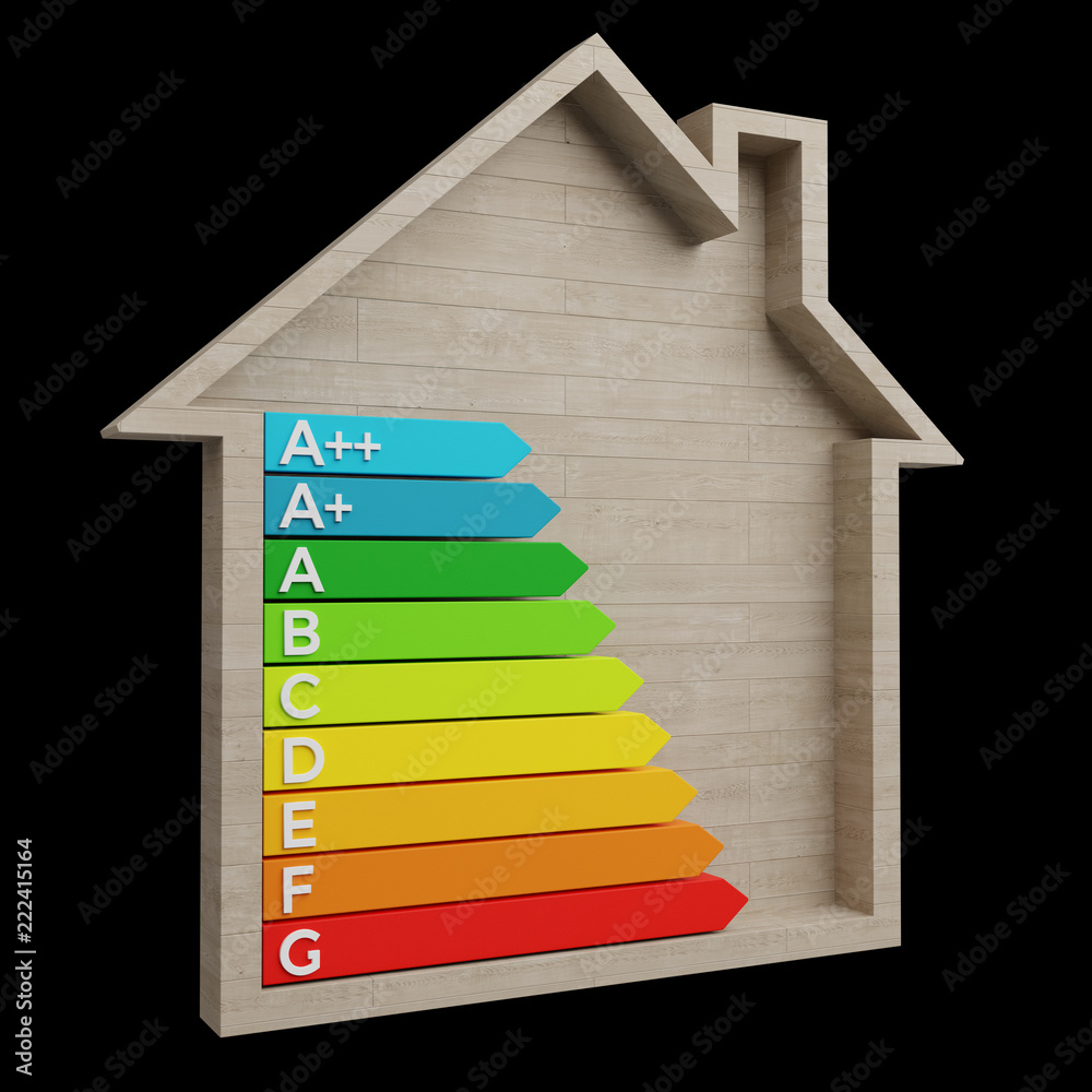 3D rendering energy rating chart in a wooden house 3D rendering energy rating chart in a wooden house