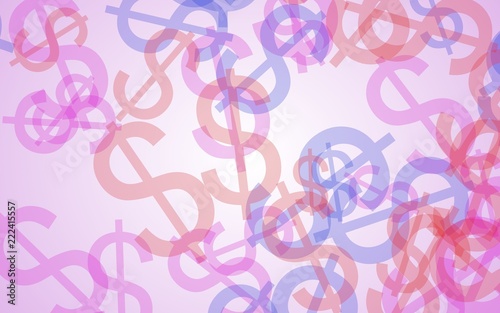 Multicolored translucent dollar signs on white background. Red tones. 3D illustration