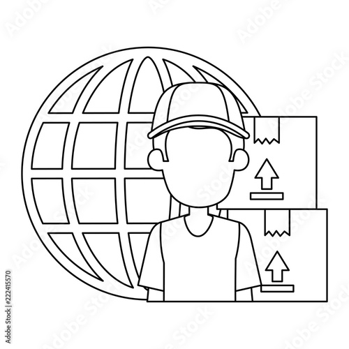 delivery worker with boxes and planet