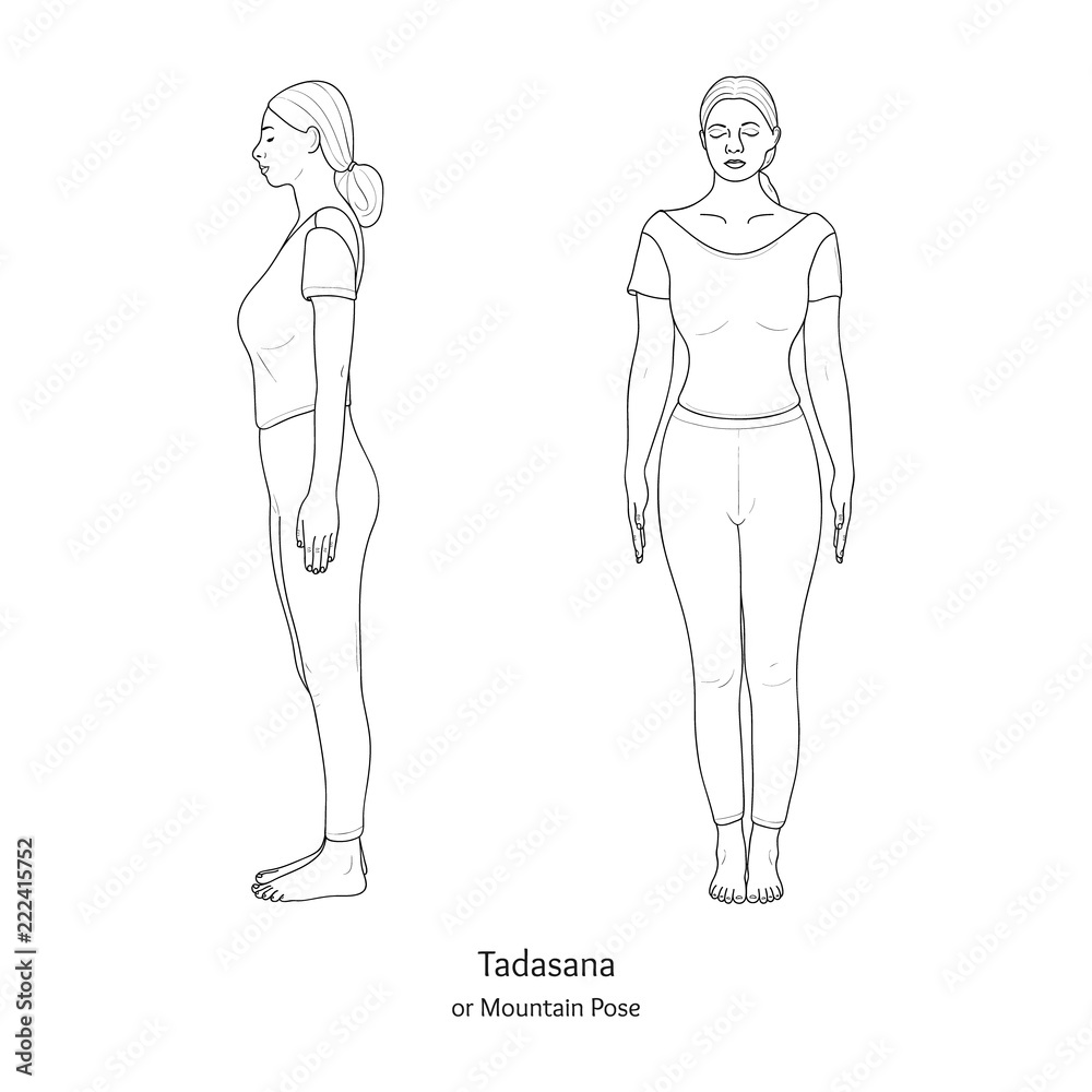 Tadasana or Mountain Pose. Front and Side View. Vector. Tadasana or Mountain Pose. Front and Side View. Vector.