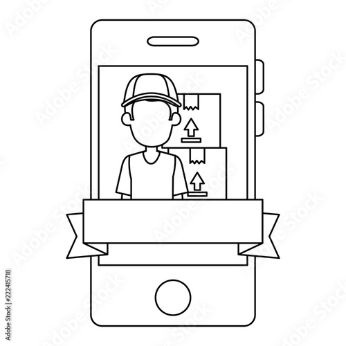 smartphone with delivery worker and boxes