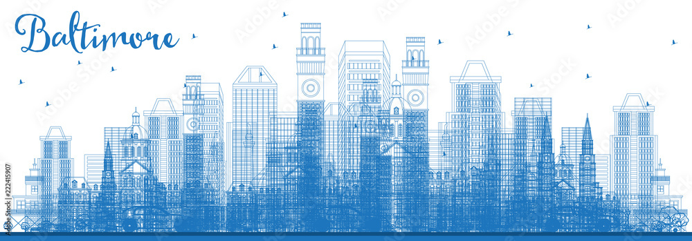 Outline Baltimore Maryland City Skyline with Blue Buildings.