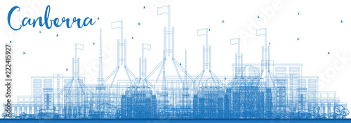 Outline Canberra Australia City Skyline with Blue Buildings.