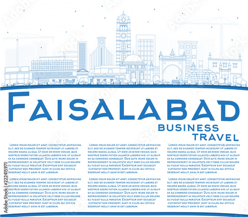 Outline Faisalabad Pakistan City Skyline with Blue Buildings and Copy Space.