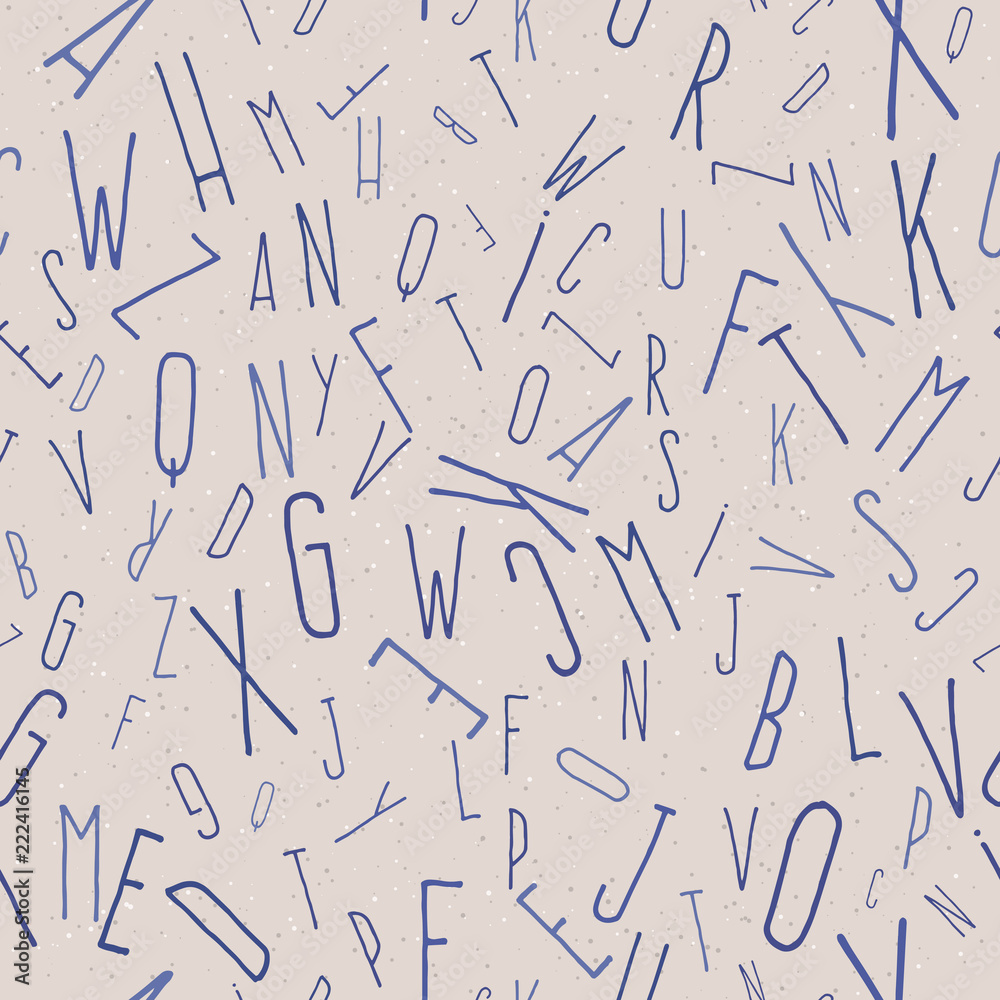 Seamless pattern of scattered letters. The letters are written with a blue pen on the cardboard. Hhandwritten letters Seamless pattern of scattered letters. The letters are written with a blue pen on the cardboard. Hhandwritten letters