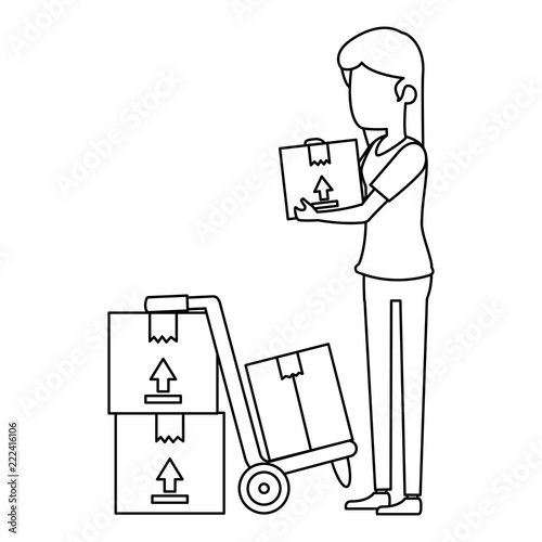 woman receiving merchandise with boxes and cart
