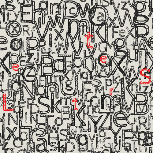 Seamless pattern from letters. Letters in a sketch style. Black on beige. Chaotically scattered on the sheet, but not inverted. Red color is allocated the word: Letters