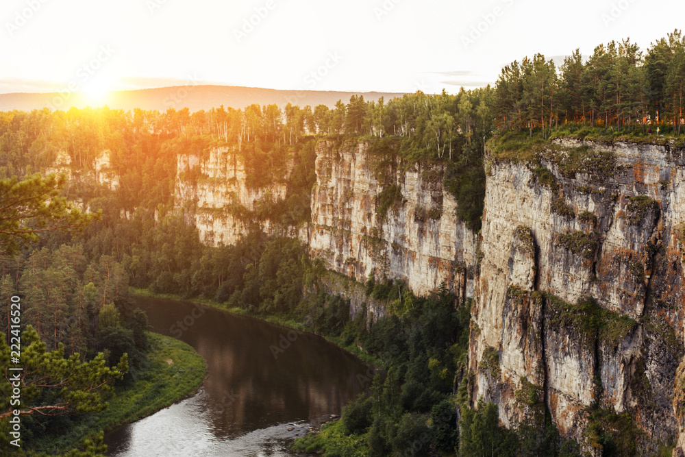 Fototapeta premium Sunset over the Ural Mountains. Canyon of the Ai River