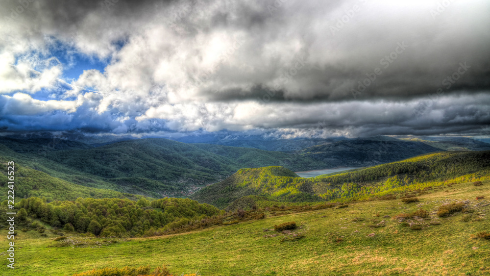 Landscape of Mavrovo national park with mountain and lake, FYR Macedonia