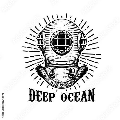 Deep ocean. Old style diver helmet on white background. Design element for t-shirt print, poster, emblem.