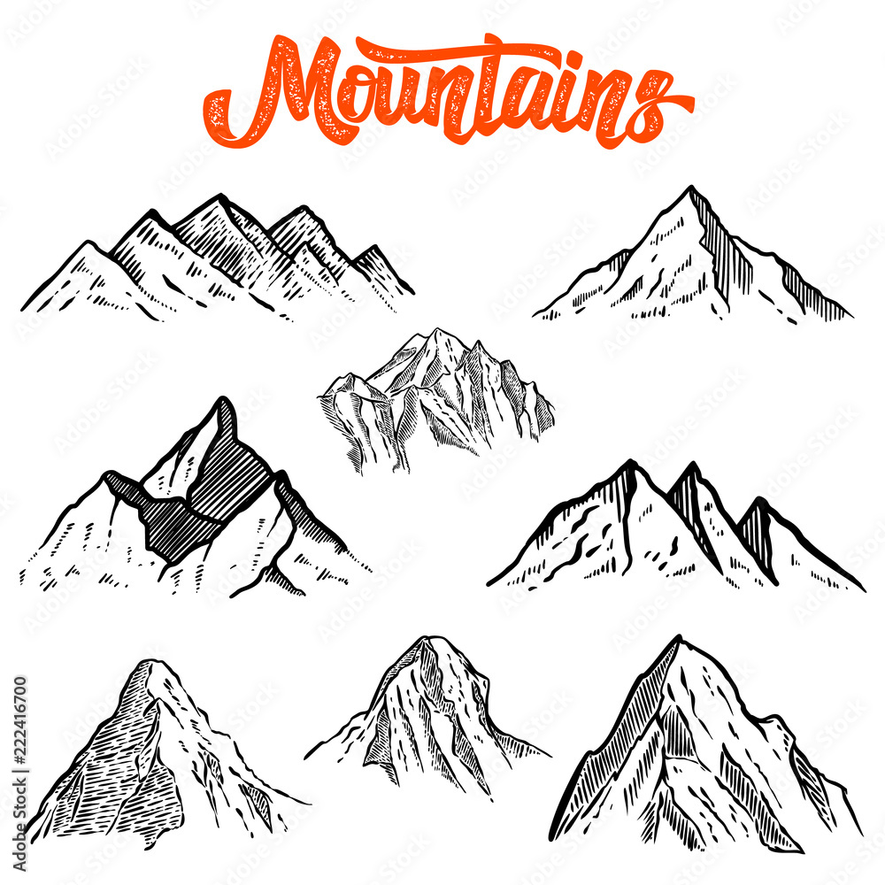 Plakat Set of hand drawn mountain illustrations. Design element for poster, card, emblem, sign banner.