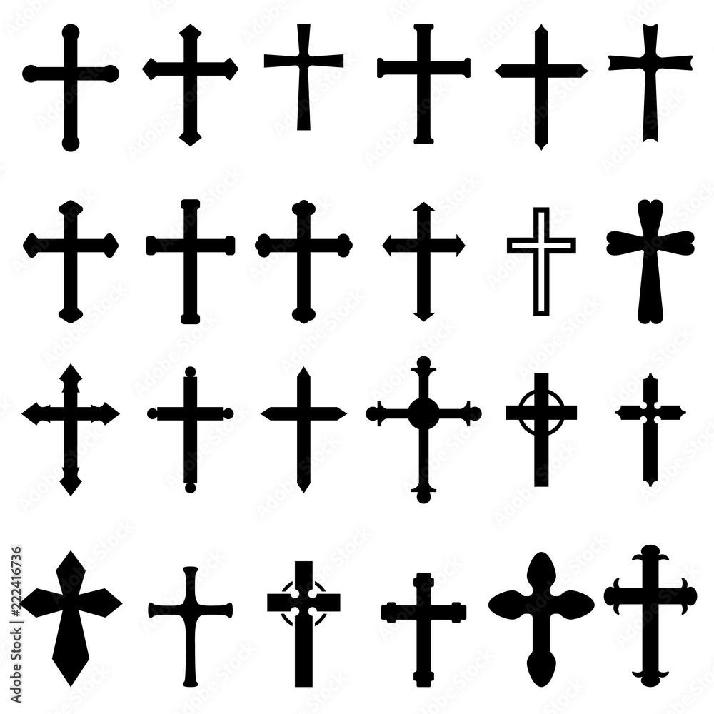Set of icons of christian and catholic crosses isolated on white background. Design element for poster, card, emblem, sign. Set of icons of christian and catholic crosses isolated on white background. Design element for poster, card, emblem, sign.