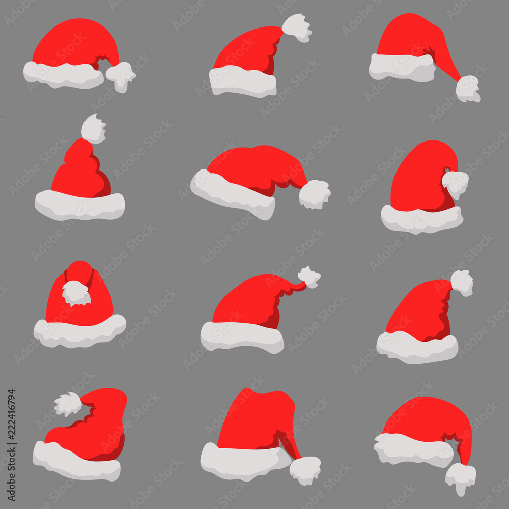 Set of Santa Claus hats Christmas theme. Design element or poster, greeting card, banner, flyer, decoration. Set of Santa Claus hats Christmas theme. Design element or poster, greeting card, banner, flyer, decoration.