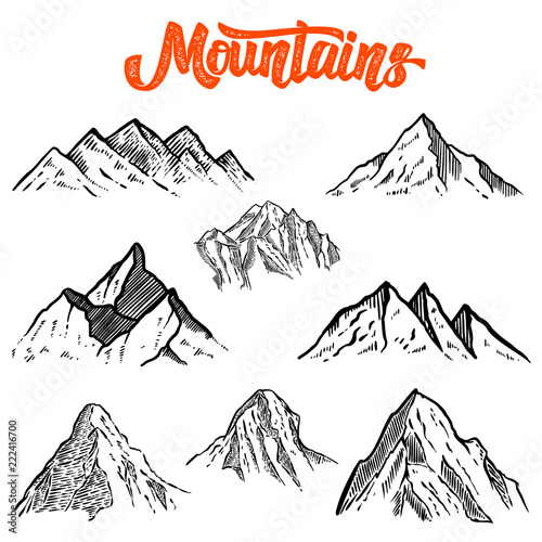 Set of hand drawn mountain illustrations. Design element for poster, card, emblem, sign banner.