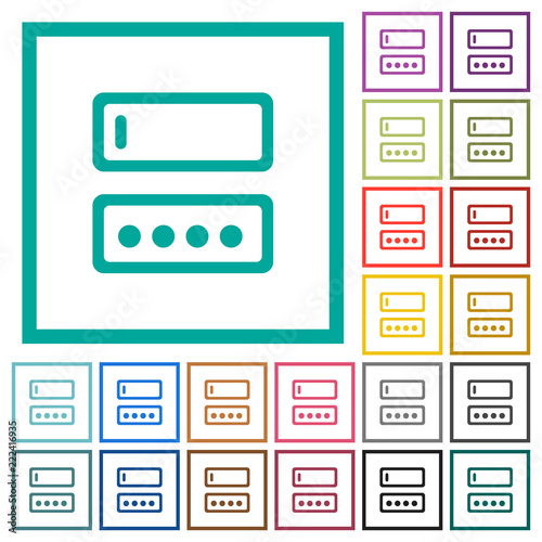 Entering login name and password flat color icons with quadrant frames