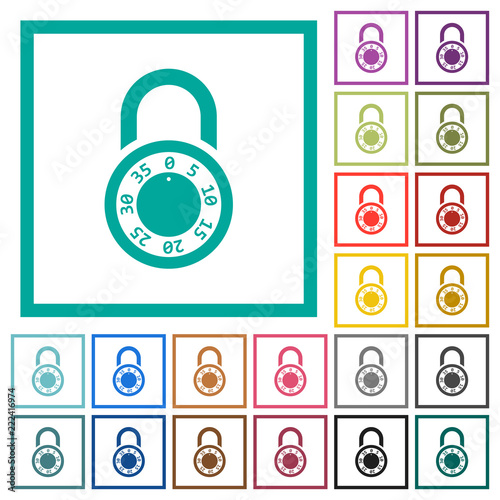 Locked round combination lock flat color icons with quadrant frames
