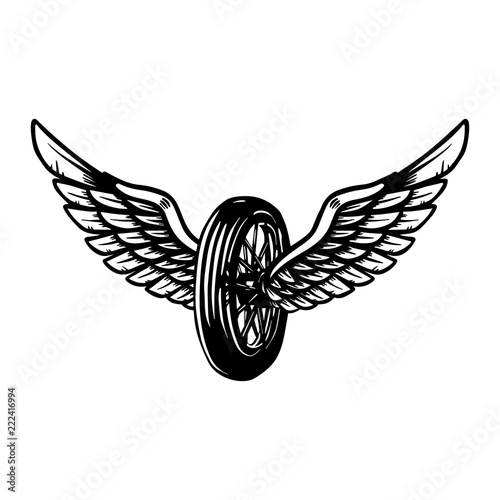 Hand drawn wheel with wings illustration isolated on white background. Design element for poster, card, banner, sign, emblem, t shirt.