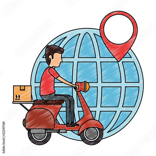 delivery worker in motorcycle and planet