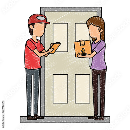 delivery worker with woman receiving in door