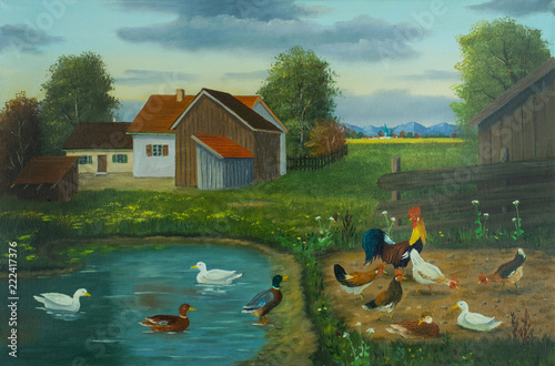 Bauernhof und ein Teich mit Enten und Hühnern photo