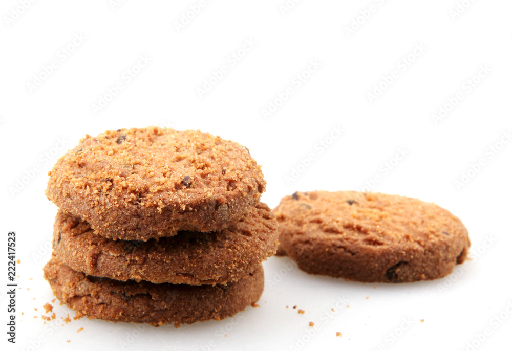 Chocolate chip cookie on white background.