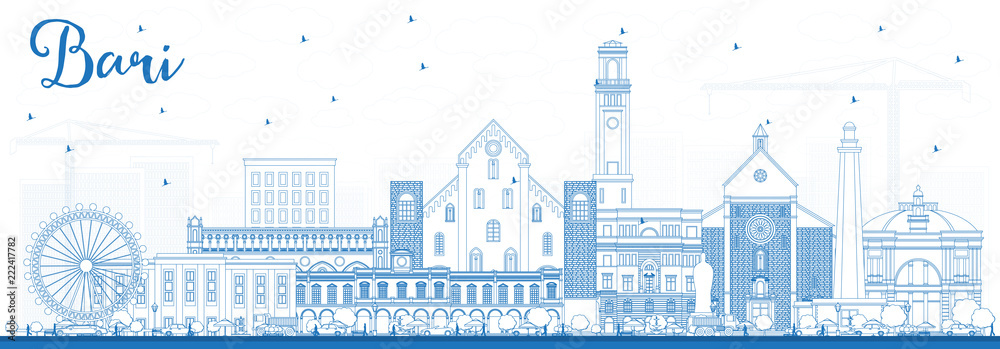 Fototapeta premium Outline Bari Italy City Skyline with Blue Buildings.