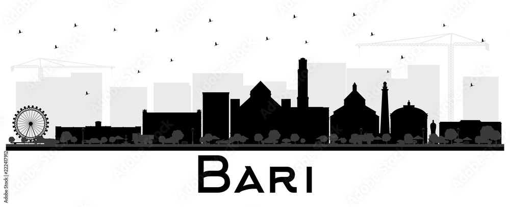 Bari Italy City Skyline Silhouette with Black Buildings Isolated on White.