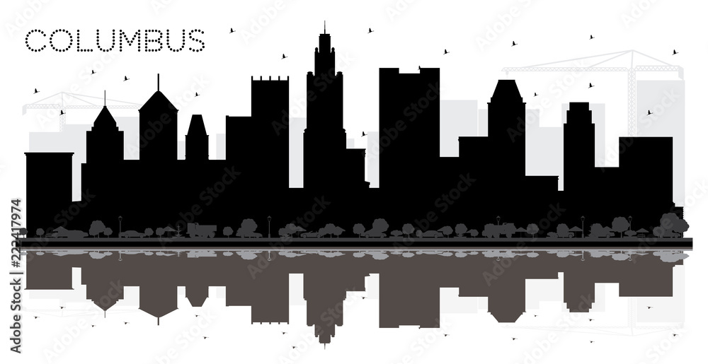 Columbus Ohio City skyline black and white silhouette with Reflections.