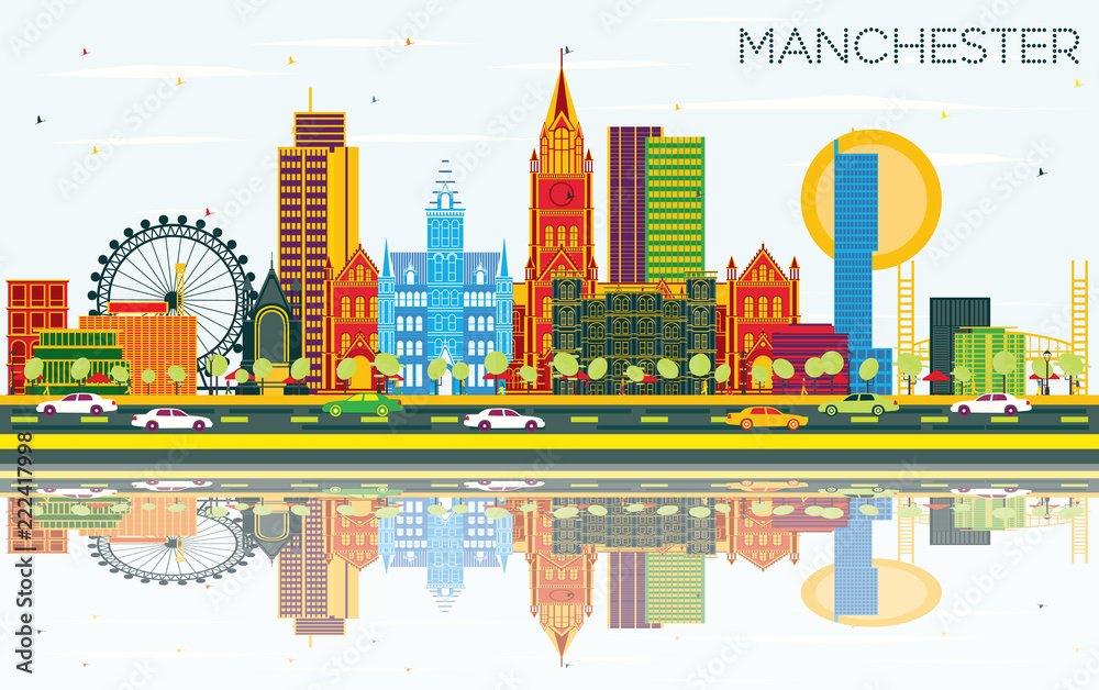 Manchester Skyline with Color Buildings, Blue Sky and Reflections.