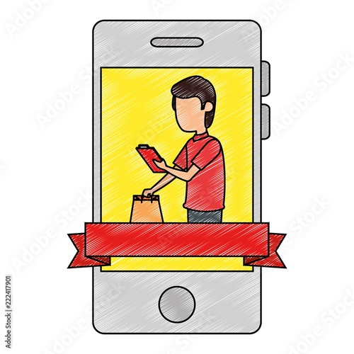 smartphone with delivery worker shopping bag